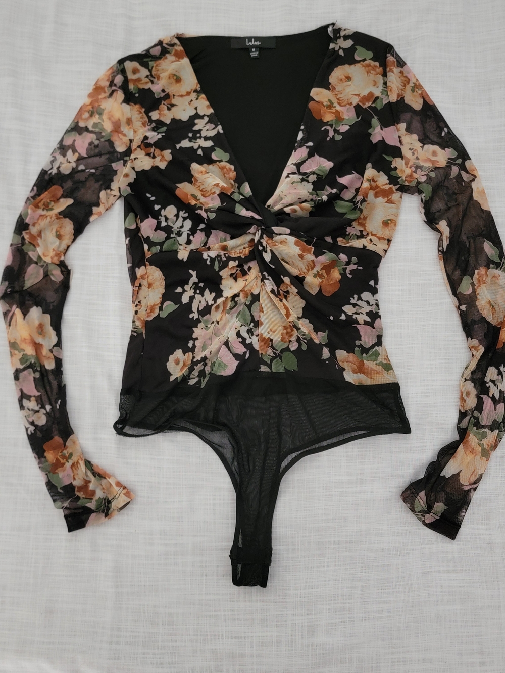 Lulu's Black Floral Twist-Front Mesh Long Sleeve Bodysuit
